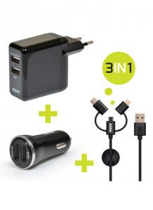Universalus USB laidas 3IN1 su sieniniu bei automobiliniu pakrovėju PORT DESIGNS