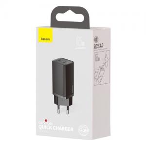 Naujos kartos sieninis įkroviklis GaN2 Lite 2xUSB-C 65W, Quick Charge 4.0, Power Delivery 3.0, Huawei, Samsung, FCP, juodas