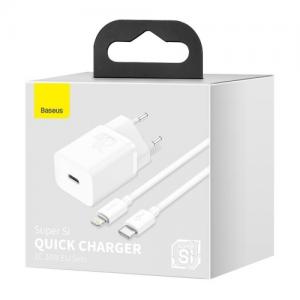 „Super Si 1C“ greitas sieninis įkroviklis C tipo USB, 20 W maitinimo šaltinis + USB tipo C - Lightning kabelis 1 m baltas, „Baseus“