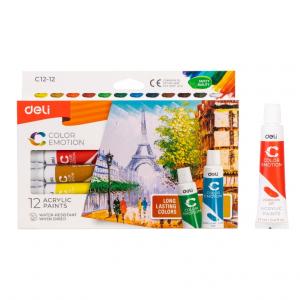Akriliniai dažai DELI, 12 spalvų, 12ml tūbelėse
