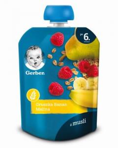 Vaikiška tyrelė GERBER maišelyje su kriaušėmis, bananais ir avietėmis, 90g