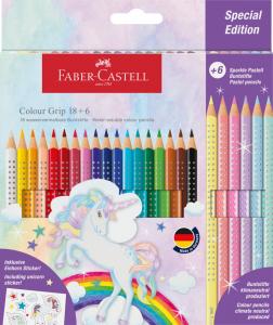 Spalvoti pieštukai Faber-Castell Colour Grip Unicorn 18 +6 sparkle pastell spalvos