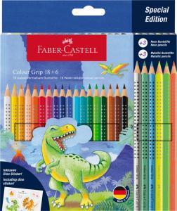 Spalvoti pieštukai Faber-Castell Colour Grip Dinozaurai, 18 + 3 neoninės ir 3 metalo spalvos