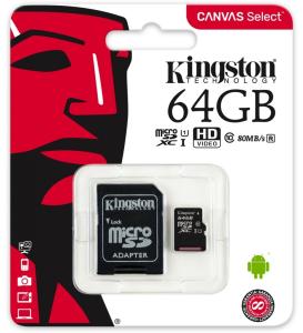 Atminties kortelė Kingston MicroSD (SDXC), 64GB, class Canvas Select 10