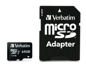 Verbatim 47042 Pro U3 Micro SDXC Atminties kortelė 64GB + microSD į SD Adapteris