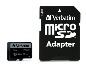 Verbatim 47044 Pro U3 Micro SDXC Atminties kortelė 128GB + microSD į SD Adapteris