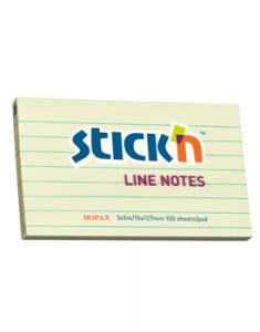 Lipnūs lapeliai Stick´N, 76x127mm, 100 lapelių, geltonos spalvos, linijomis