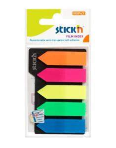 Plastikiniai žymekliai Stick´N 21143, 42x12mm, strėlytės formos, 5 ryškios spalvos po 25vnt.,blisteryje