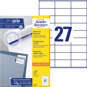 Lipnios etiketės Avery Zweckform, A4, 70x32mm, 27 etiketės lape, 100 lapų, baltos spalvos