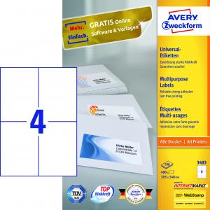 Lipnios etiketės Avery Zweckform, 105x148mm, 4 etiketės lape, 100 lapų, baltos spalvos