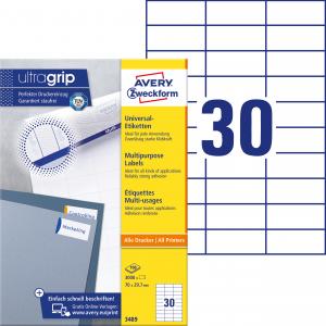 Lipnios etiketės Avery Zweckform, A4, 70x29,7mm, 30 etikečių lape, be rėmelio, 100 lapų, baltos spalvos