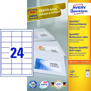 Lipnios etiketės Avery Zweckform, A4, 64.6x33.8, 24 etiketės lape, 100 lapų, baltos spalvos