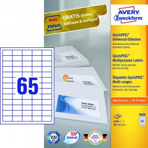 Lipnios etiketės Avery Zweckform, A4, 38x21.2mm, 65 etiketes lape, 100 lapų, baltos spalvos