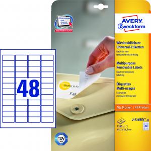 Lipnios etiketės Avery Zweckform, A4, nuimamos, 45.7x21.2mm, 48 etiketės lape, 25 lapai