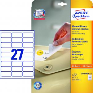 Lipnios etiketės Avery Zweckform, A4, nuimamos, 63.5x29.6mm, 27 etiketės lape, 25 lapai