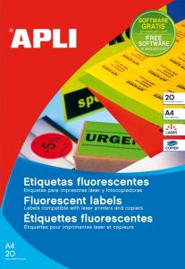 Lipnios etiketės Apli, A4, 64x33,9mm, 24 etiketės lape, 20 lapų, neoninės oranžinės spalvos