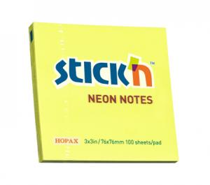 Lipnūs lapeliai Stick´N 21133, 76x76mm, 100 lapelių, neoninės  geltonos  spalvos